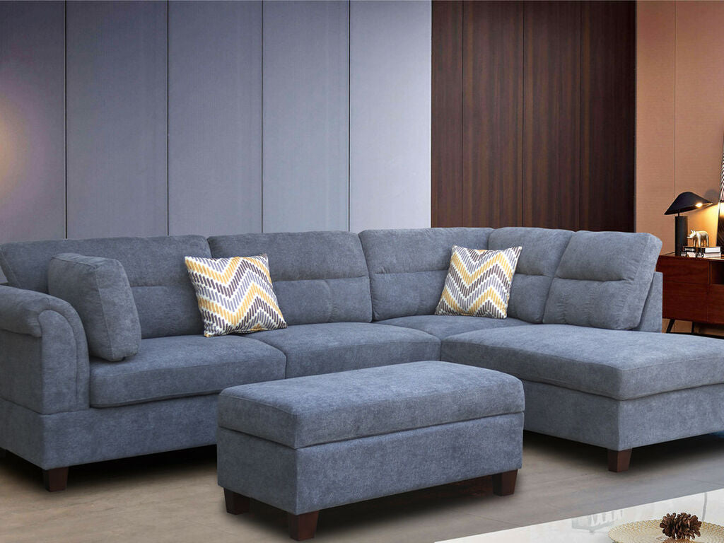 Diego 103.5" Fabric Sectional Sofa with Right Facing Chaise, Storage Ottoman, and 2 Accent Pillows