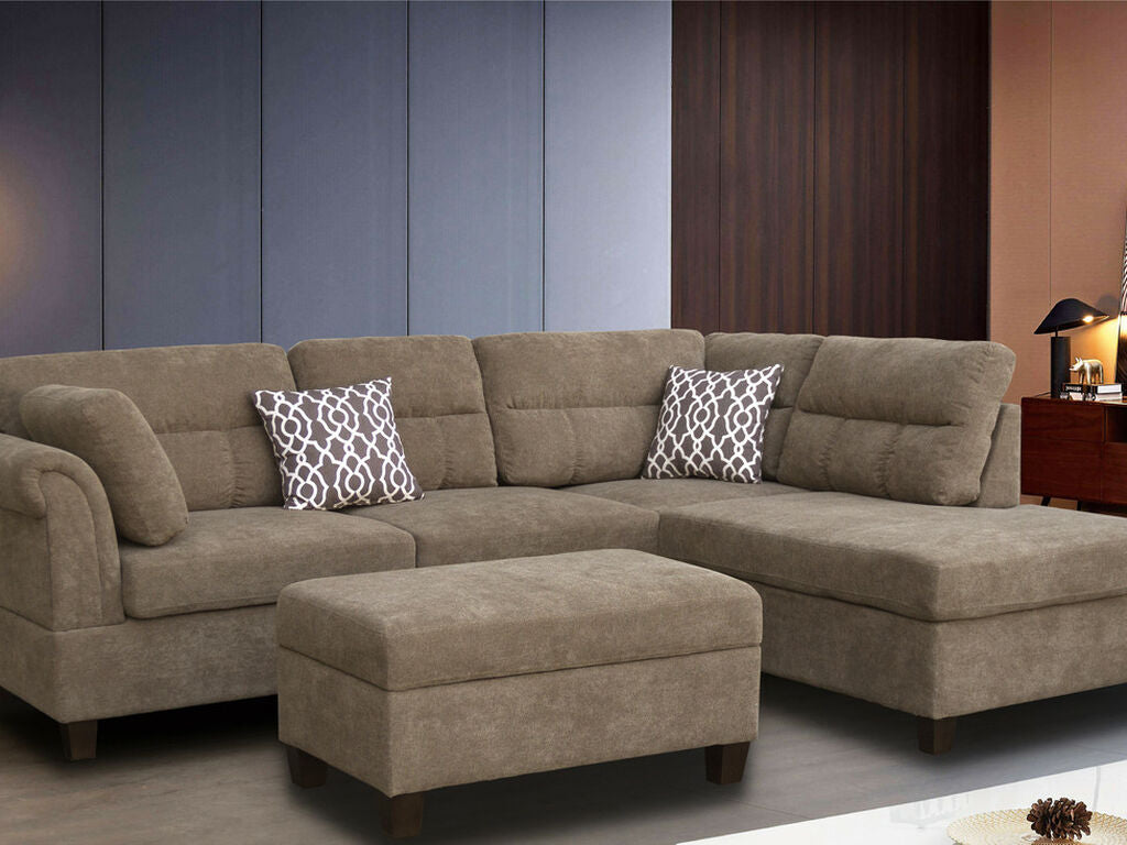 Diego 103.5" Fabric Sectional Sofa with Right Facing Chaise, Storage Ottoman, and 2 Accent Pillows