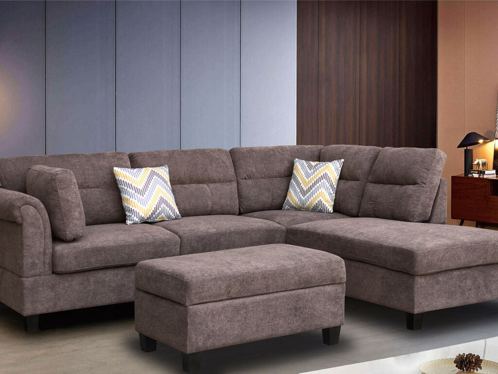 Diego 103.5" Fabric Sectional Sofa with Right Facing Chaise, Storage Ottoman, and 2 Accent Pillows