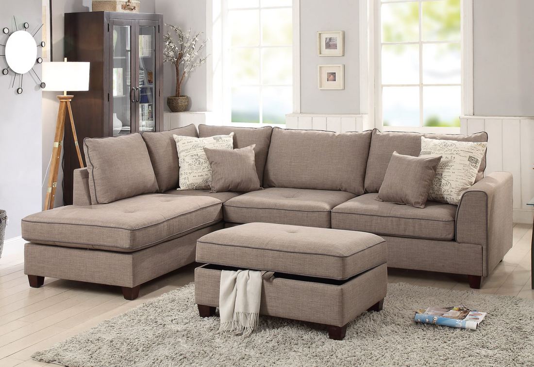 Sectional with storage ottoman - Beige fabric